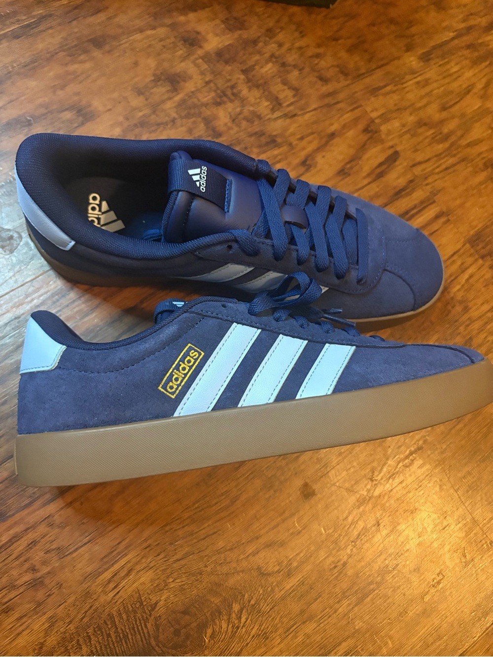 adidas Navy Suede Sneakers with Light Blue Stripes and Gum Sole